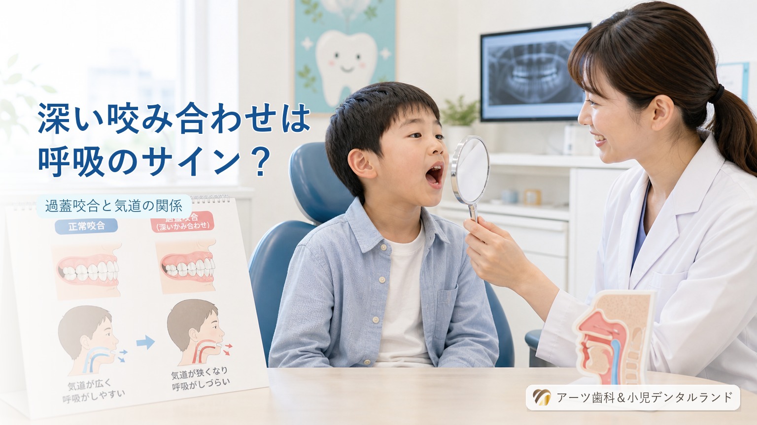深い噛み合わせの比較イラストと鏡で咬み合わせを見せる歯科医師と7-8歳の小学生男児