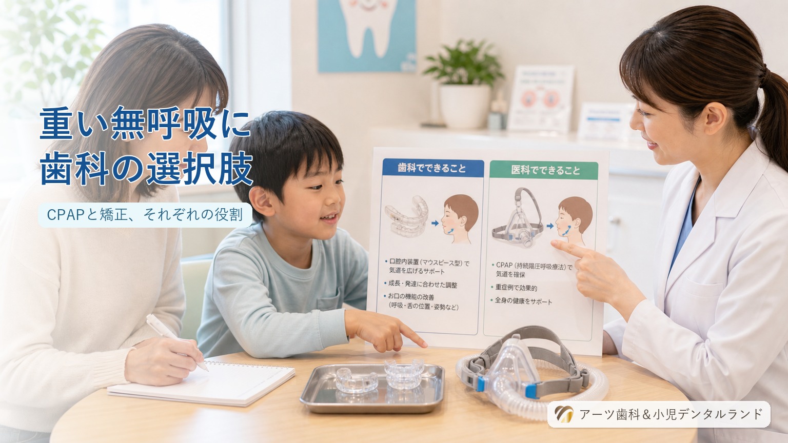 小児用口腔内装置とCPAPの比較を見ながら相談する歯科医師と7-8歳の小学生と母親
