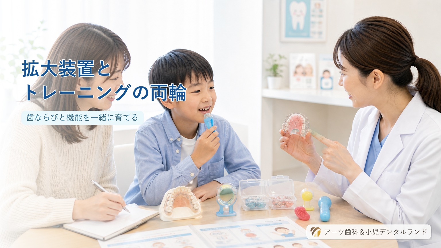 上あご拡大装置と舌・唇のトレーニング器具を並べて説明する歯科医師と7-8歳の小学生と母親