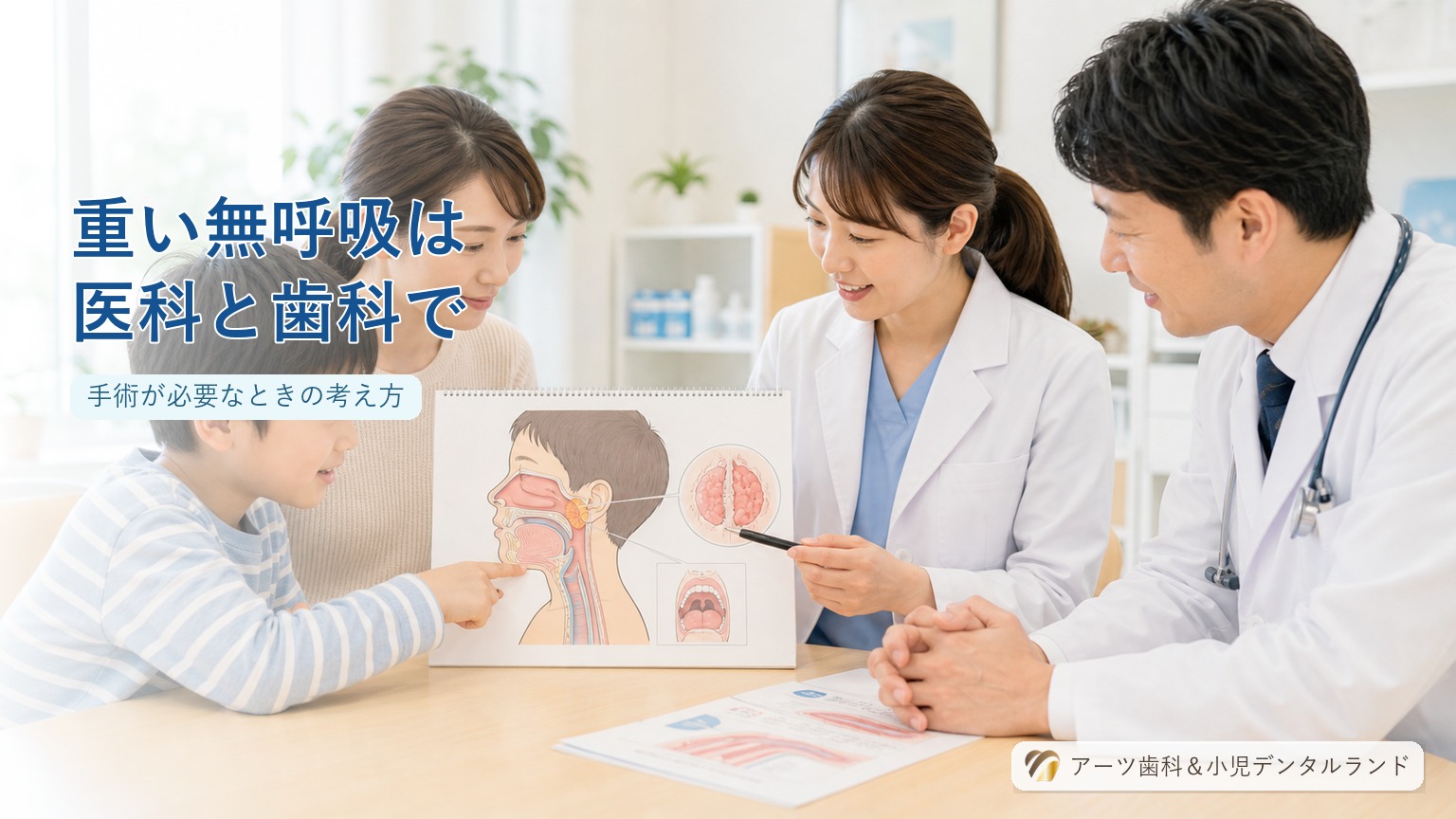 子供の気道のイラストを使って医科歯科連携で説明する2人の医師と7-8歳の小学生と母親
